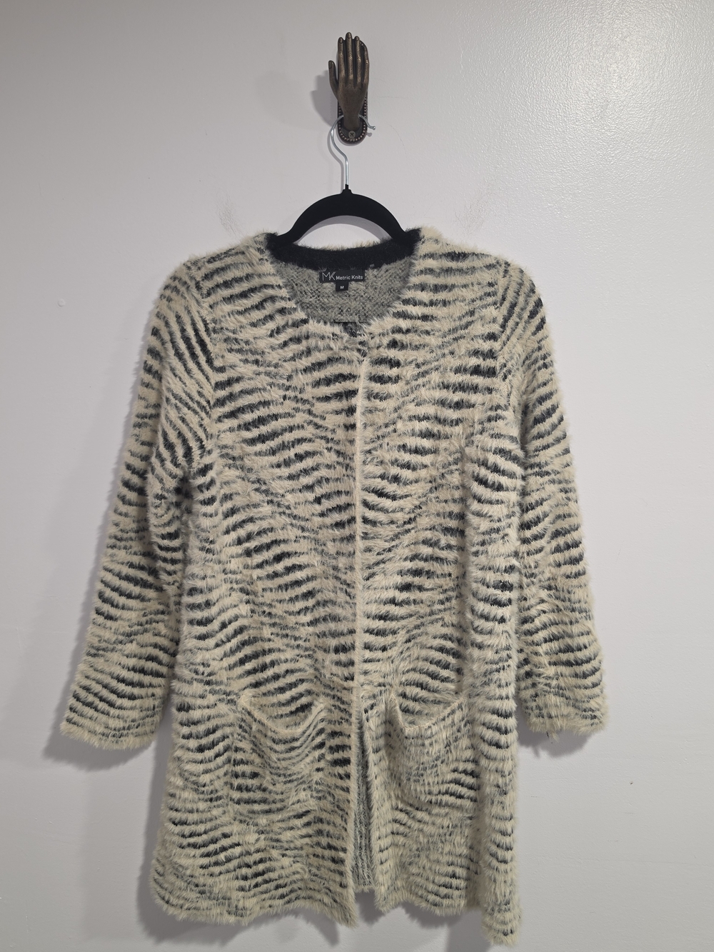 Metric Knits Zebra Print Open Front Fuzzy Eyelash Cozy Cardigan Sweater Size Med